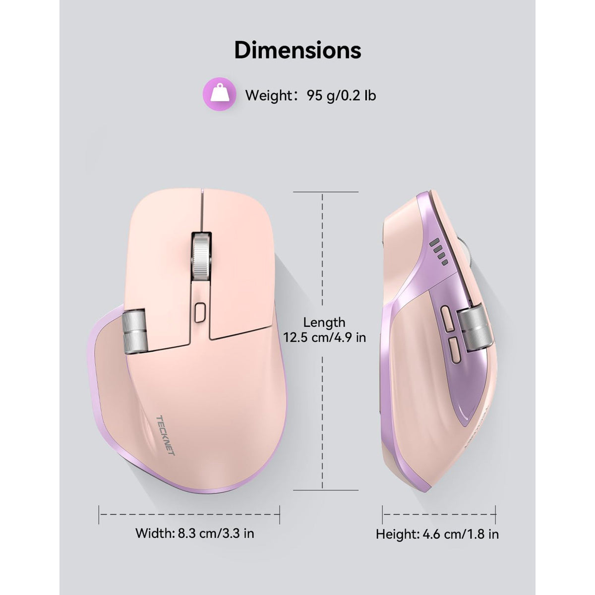 TECKNET Wireless Mouse, Bluetooth Mouse (BT5.3/5.0 & 2.4G) Rechargeable Ergonomic Optical Mouse with 6 Adjustable DPI, Side Scroll, Quiet Clicks, USB A Receiver, 7 Buttons, Wide Compatibility - Pink