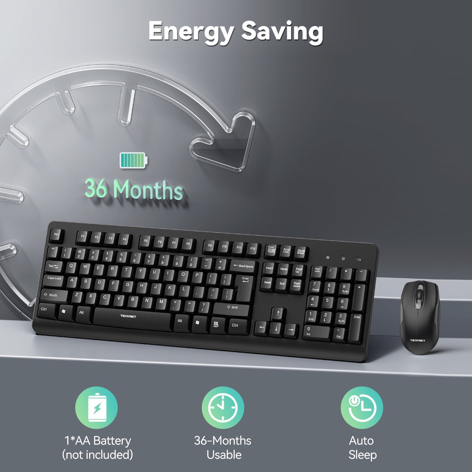 TECKNET BASICS Wireless Keyboard & Mouse Combo, Full-Size Ergonomic, Low-Noise Typing & Clicking, Long Battery Life, Spill-Resistant, 2.4G Lag-Free USB for PC/Laptop/Computer