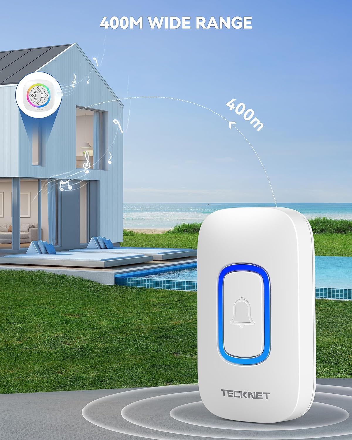 TECKNET Longest 1300 Feet Wireless Doorbell with RGB Alarm Lighting,Battery-Powered IP66 Waterproof Design,60+Chimes & 5-Level Volume for Home/Apartment,4.5-Year Battery Life,White,FCC ID:YI6RL-33TX