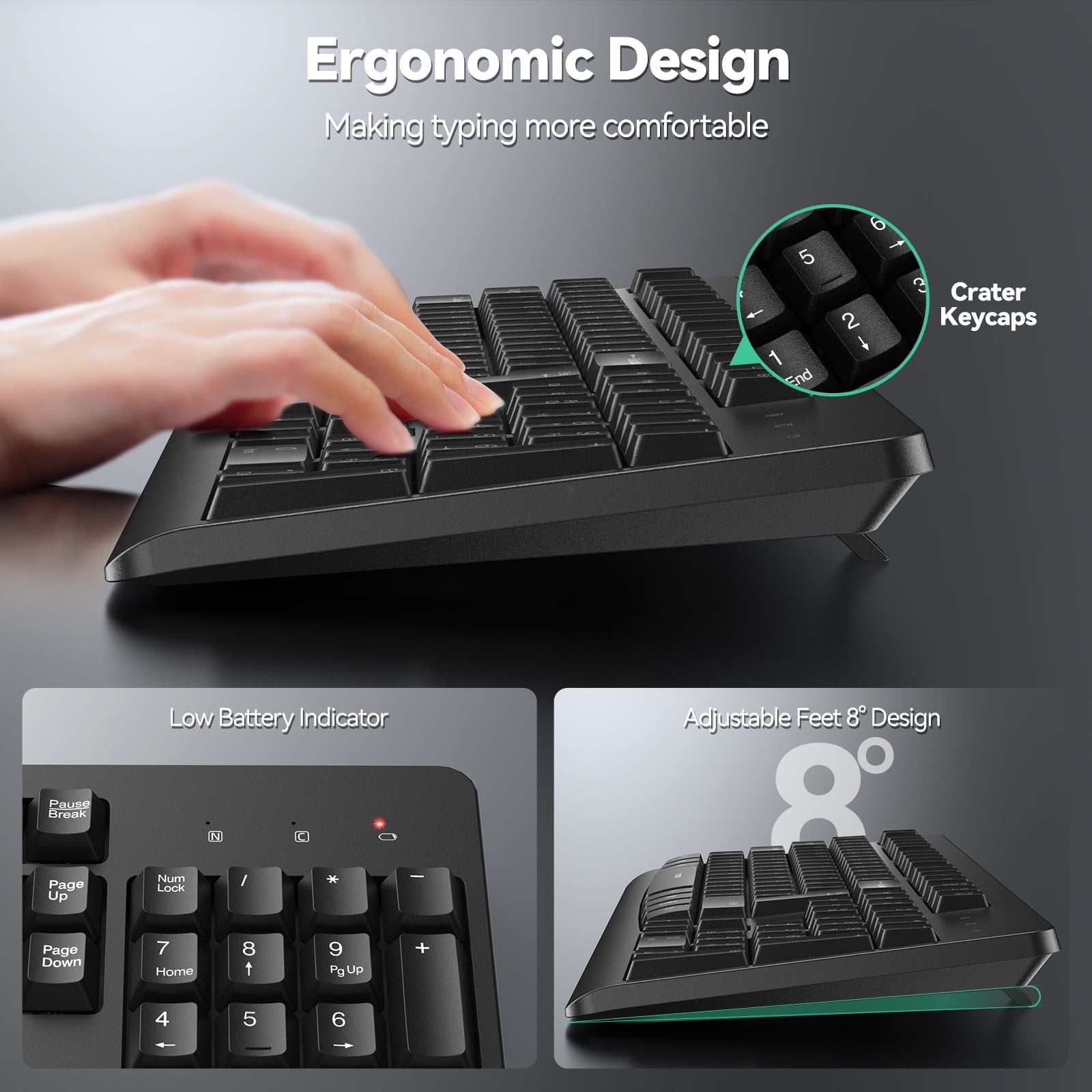 TECKNET BASICS Wireless Keyboard & Mouse Combo, Full-Size Ergonomic, Low-Noise Typing & Clicking, Long Battery Life, Spill-Resistant, 2.4G Lag-Free USB for PC/Laptop/Computer