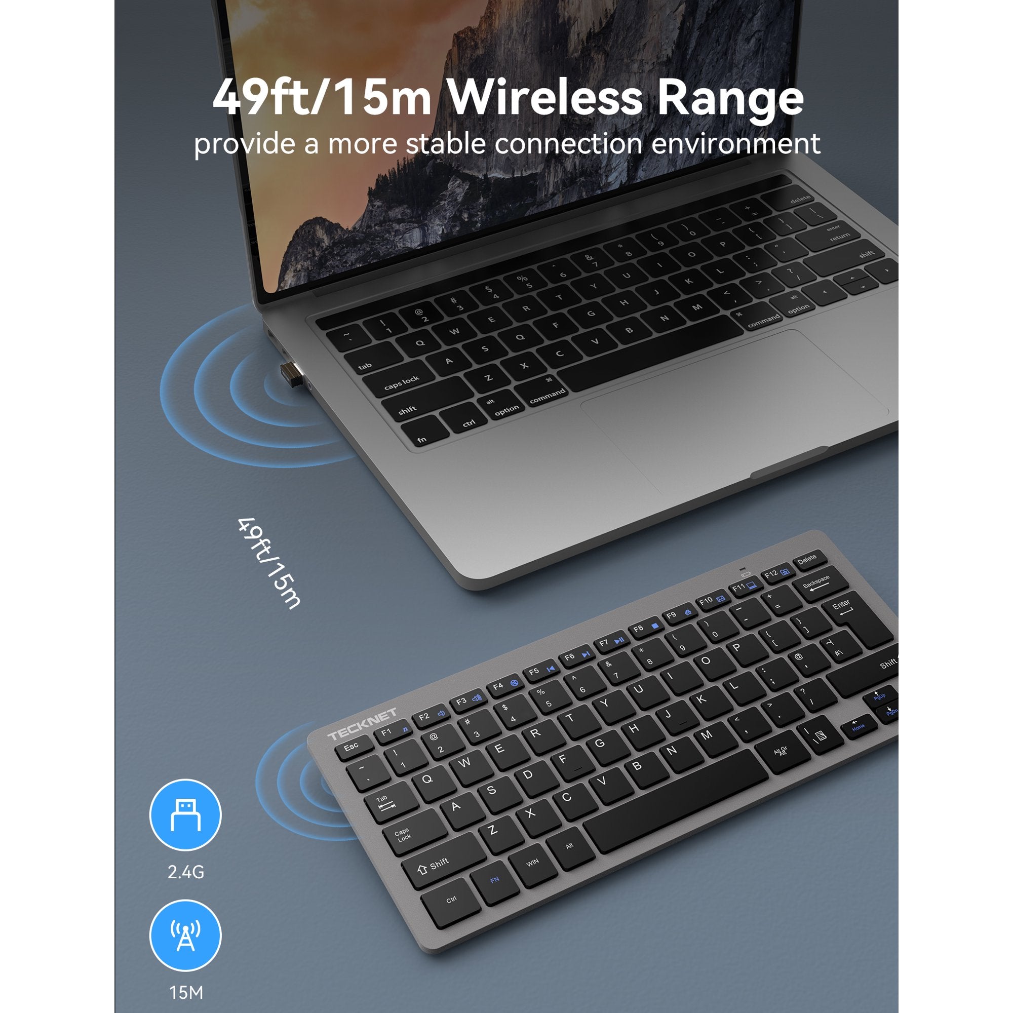 TECKNET BASICS 2.4G Small Wireless Keyboard, Compact Mini Design with Media Hotkeys & 12-Month Battery Life for PC, Desktop, Laptop, Smart TV - Grey