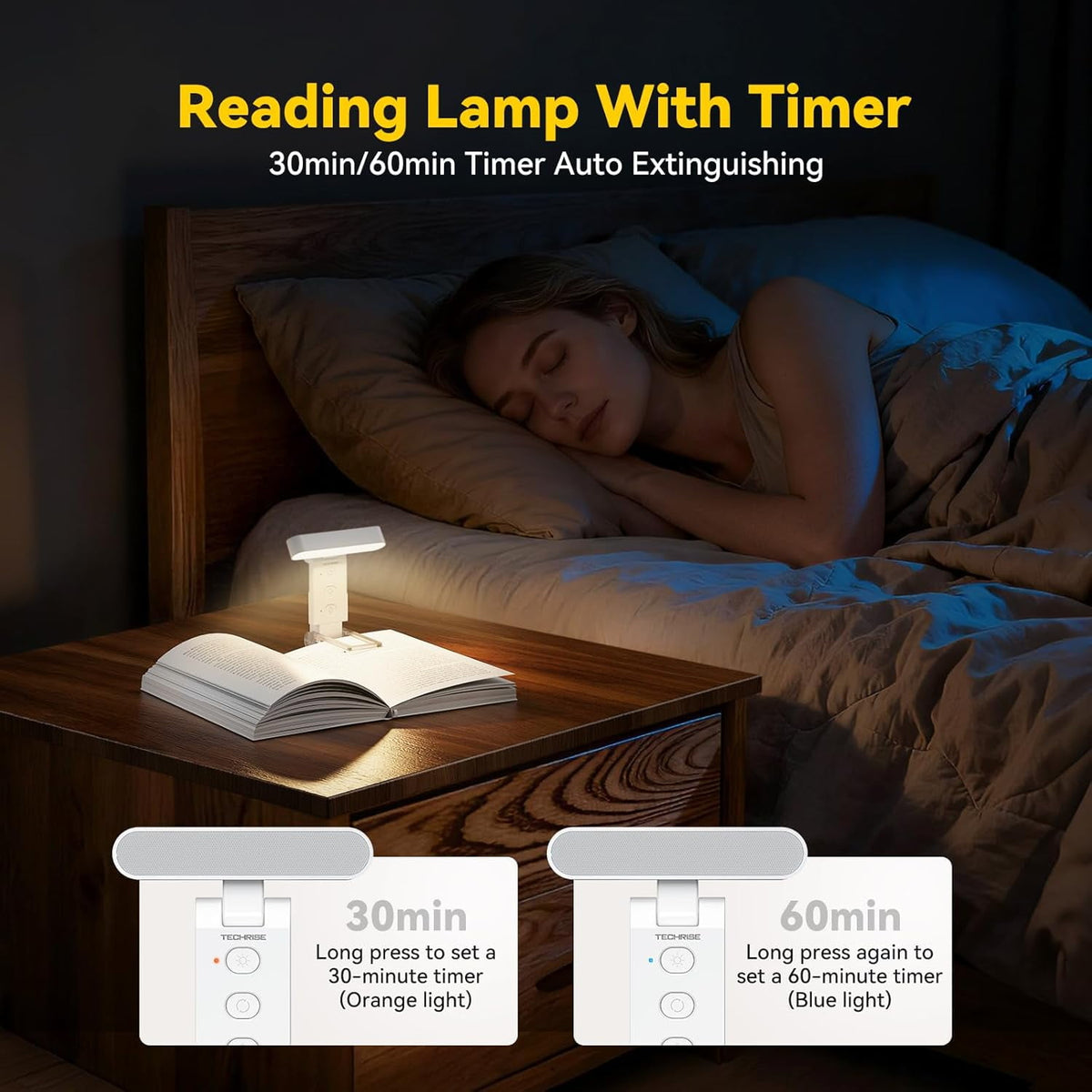 TechRise Book Light – 12 LED Clip-on Reading Light for Books in Bed. Rechargeable, Eye-Caring with Timer, 5 Color Temps & 6 Brightness, 80+ Hrs. Perfect for Kids & Book Lovers.