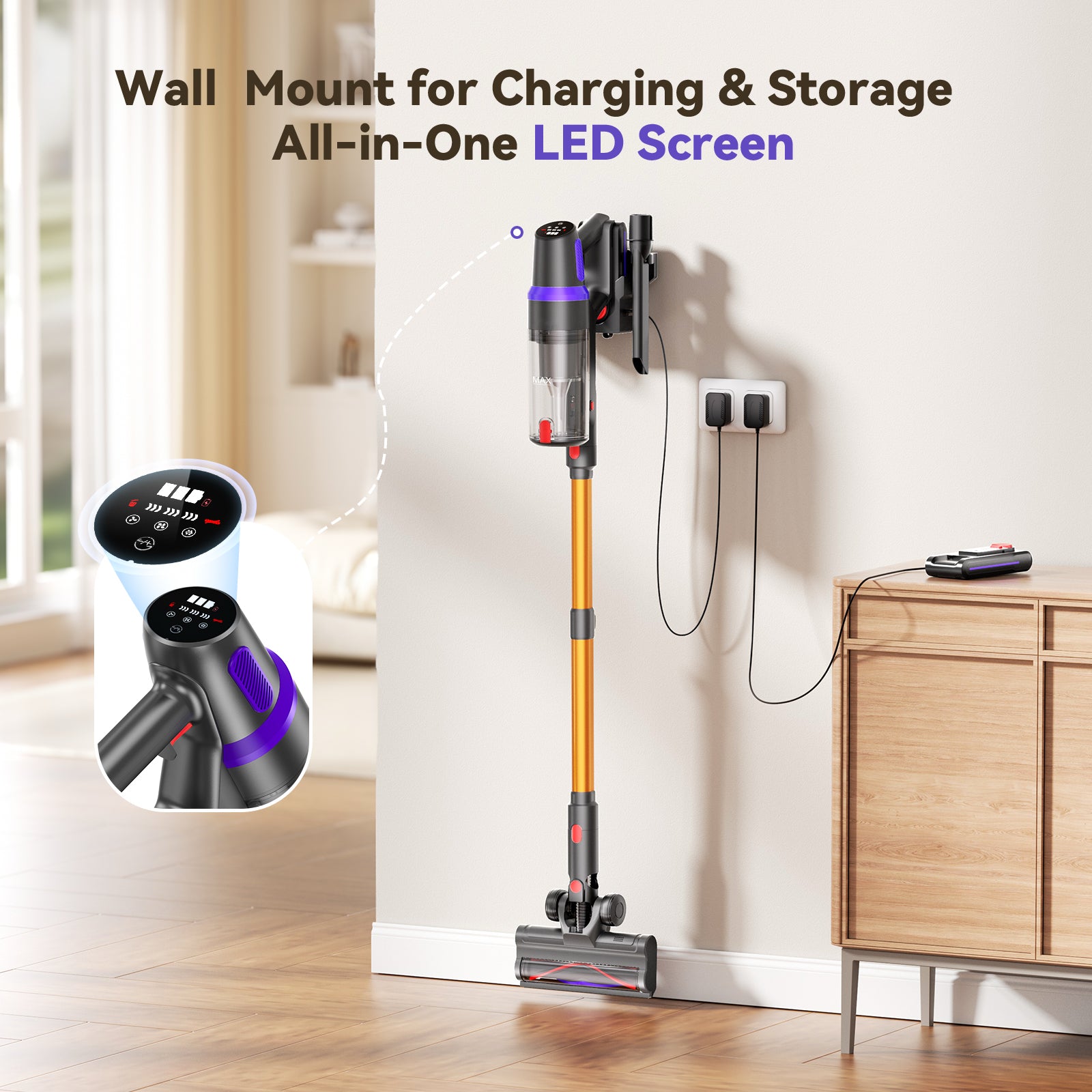 TEIMA Lightweight Cordless Vacuum Cleaner, 500W 45Kpa Self-Standing, 60 Min Runtime with LED Display for Home, Pet Hair