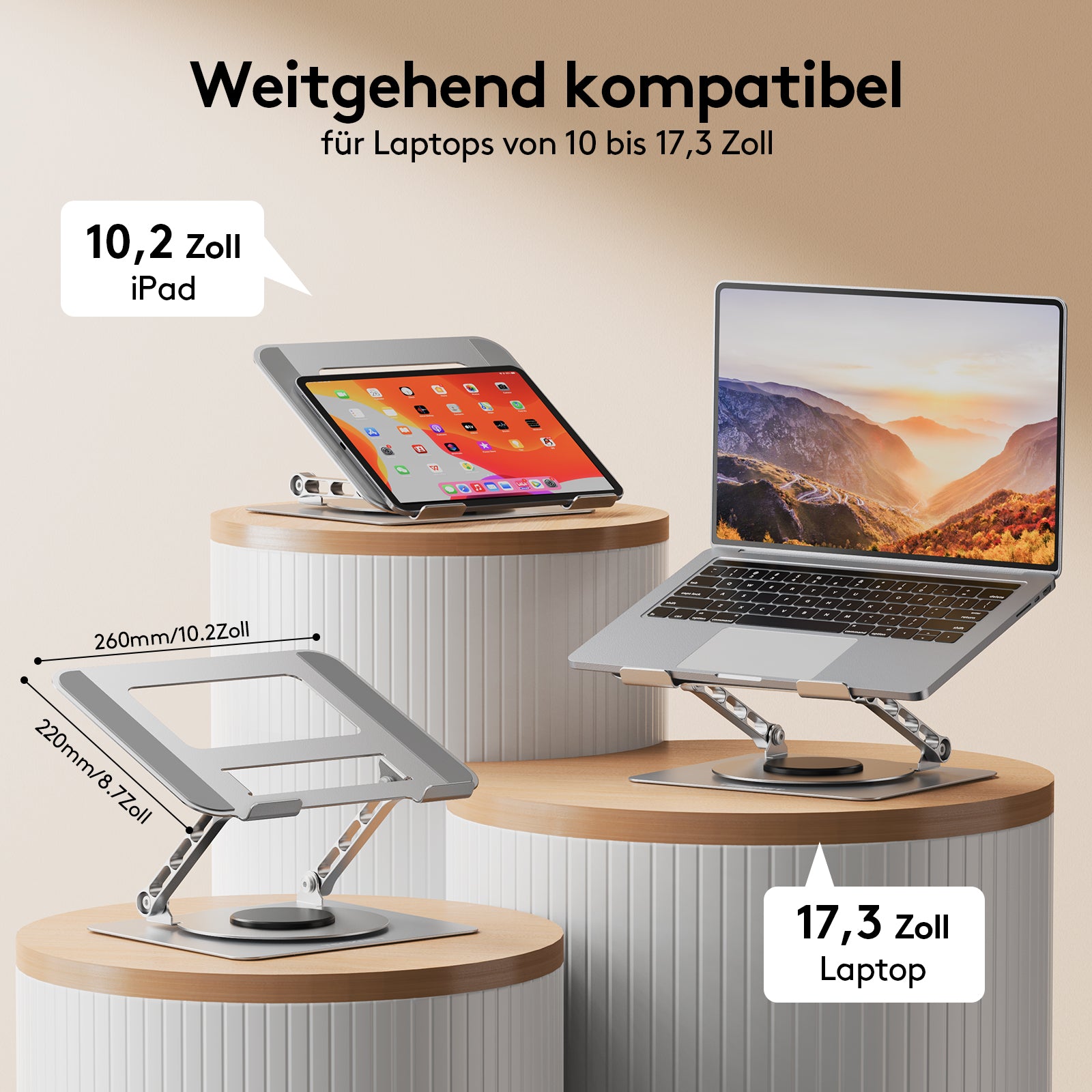 TECKNET BASICS Laptop Stand with 360° Rotating Base, Ergonomic Foldable Riser, Height Adjustable for MacBook/Dell/HP & All 10-17" Laptops- Silver