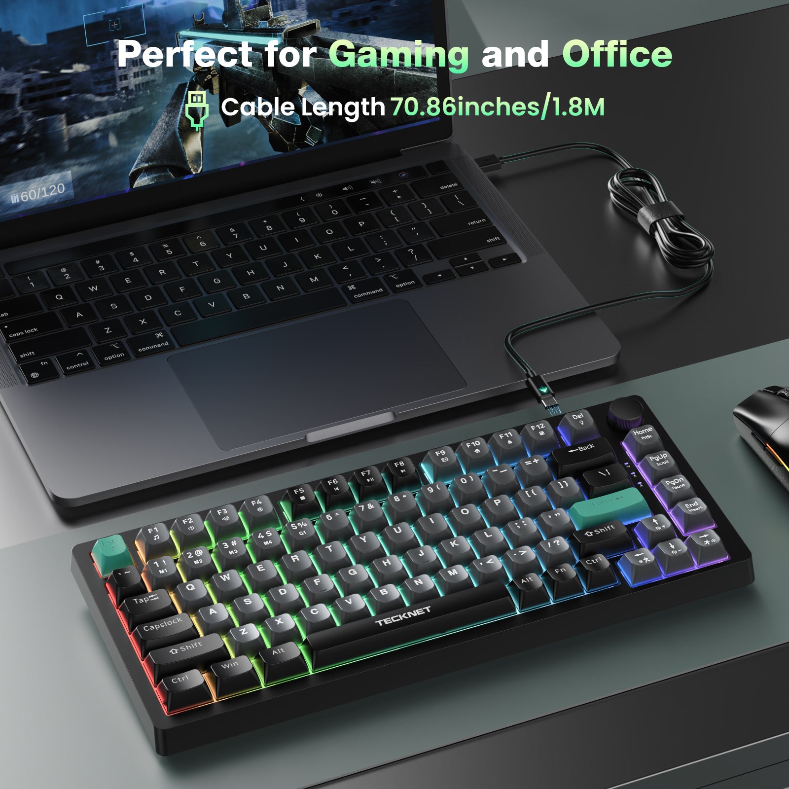 TECKNET RGB Gaming Keyboard,Compact 83 Keys Wired Keyboard with Volumn Knob