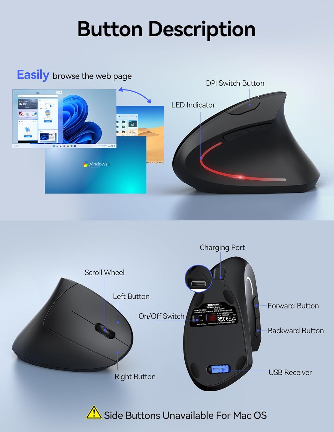 TECKNET Ergonomic Mouse, Wireless Vertical Mouse, 5 Adjustable DPI Levels