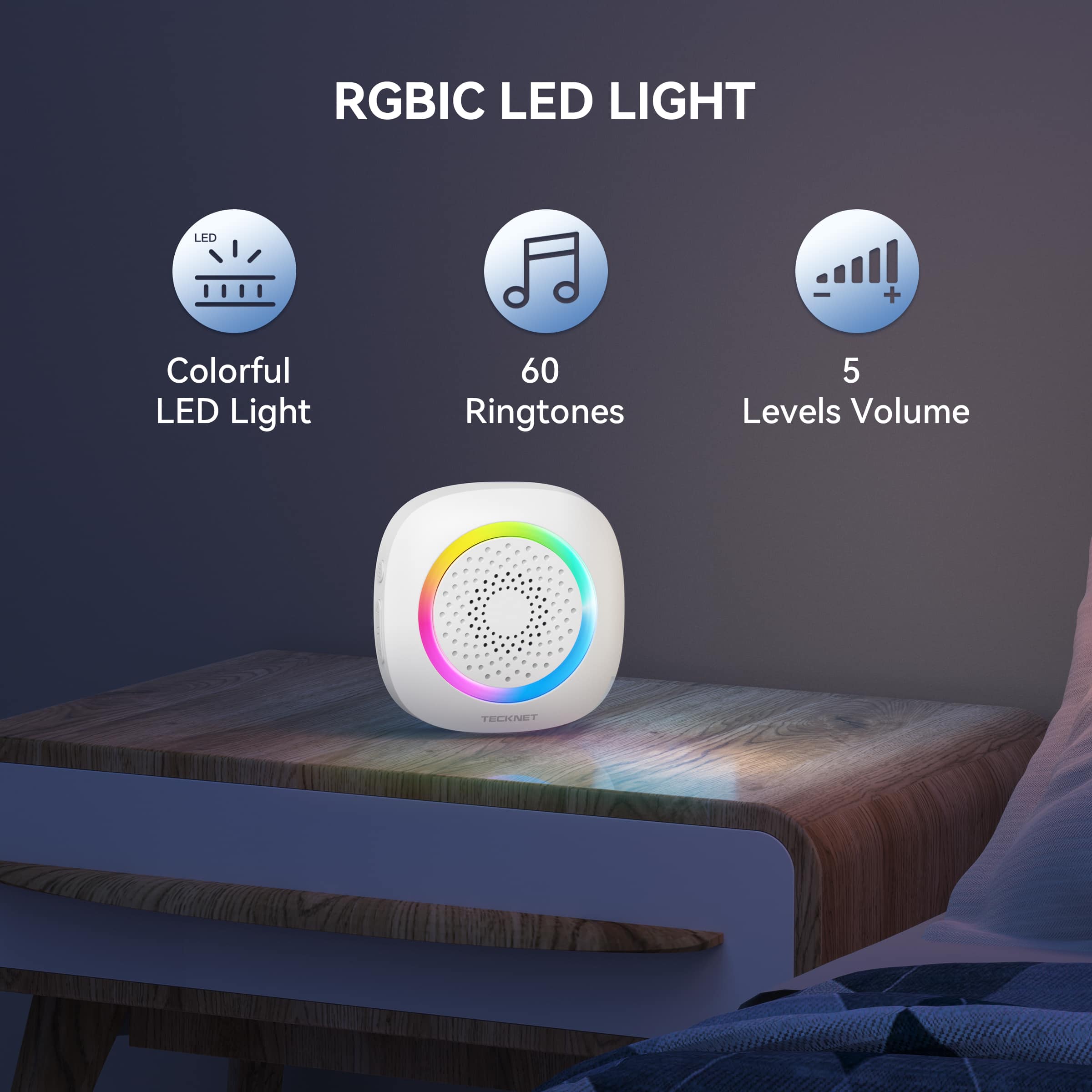 TECKNET Battery Powered Wireless Doorbell With RGB Light