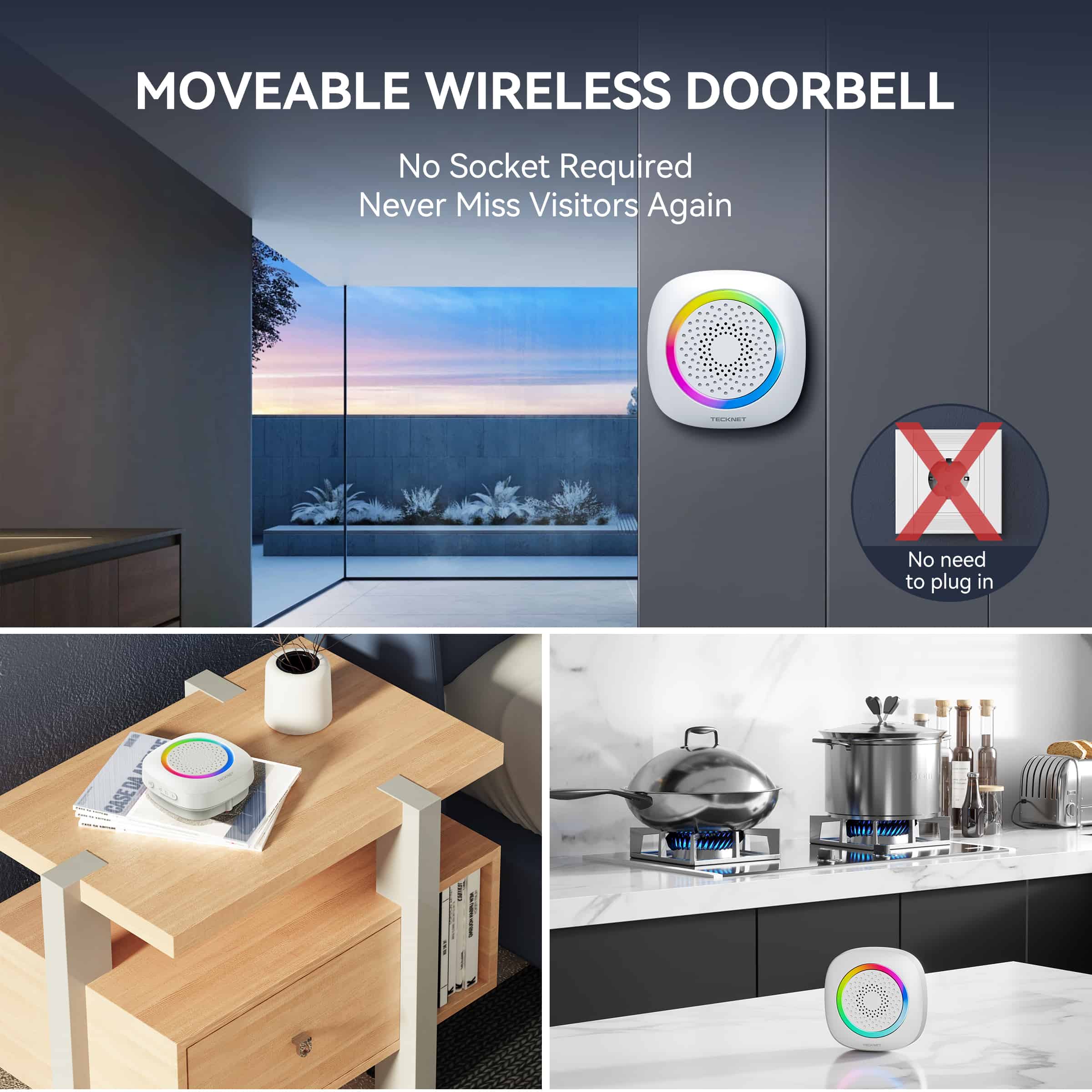 TECKNET Battery Powered Wireless Doorbell With RGB Light