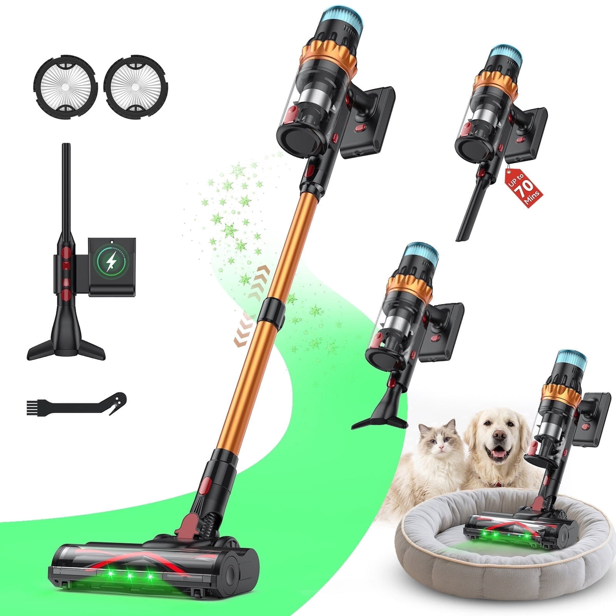 TechRise Basic 58kPa/680W Cordless Vacuum Cleaners for home, 70Mins Long Runtime, Anti-Tangle, Self-Standing for Pet Hair & Carpet