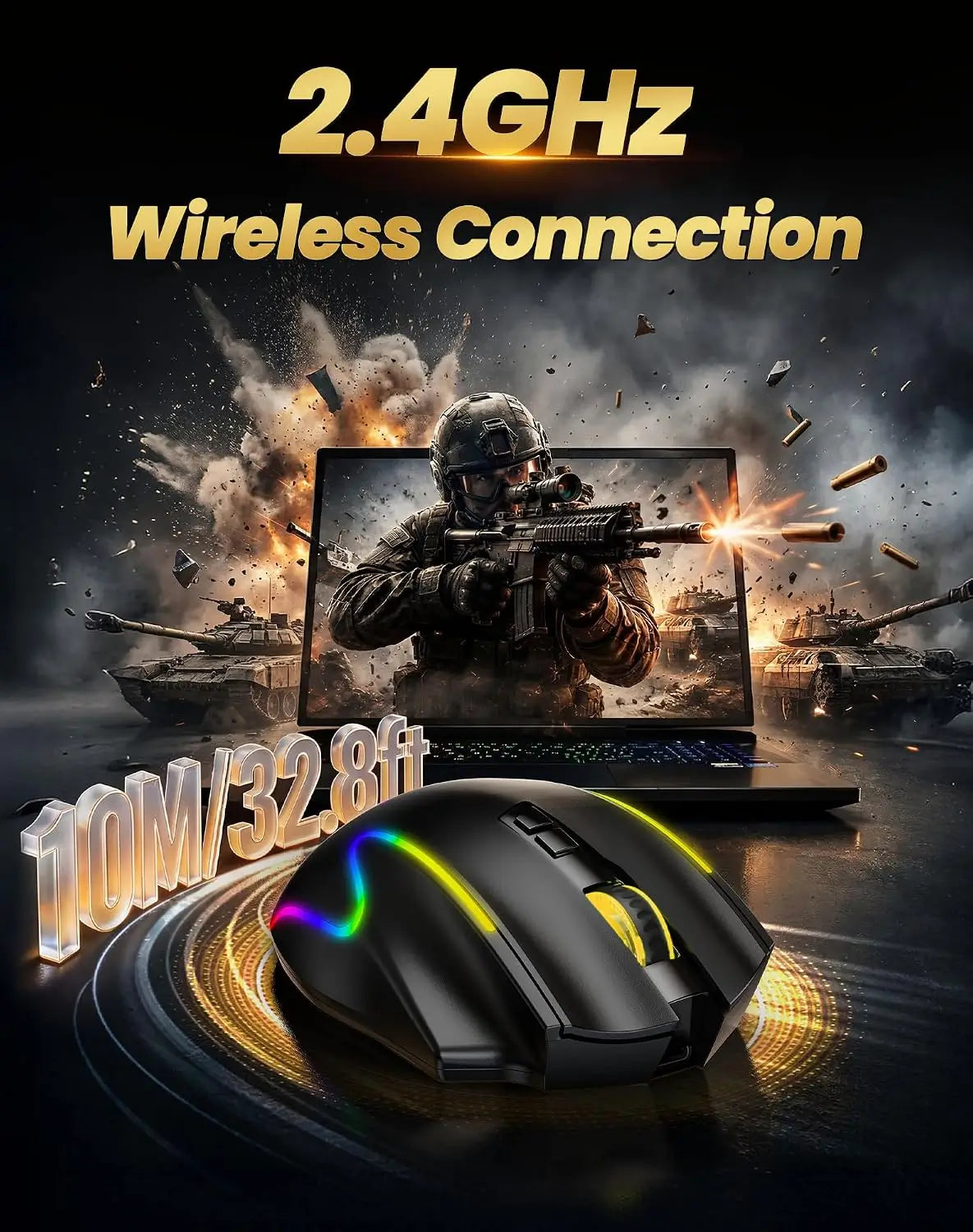 TECKNET Wireless Gaming Mouse,2.4GHz/USB-C, 1000Hz, 7 Custom Buttons 13 RGB
