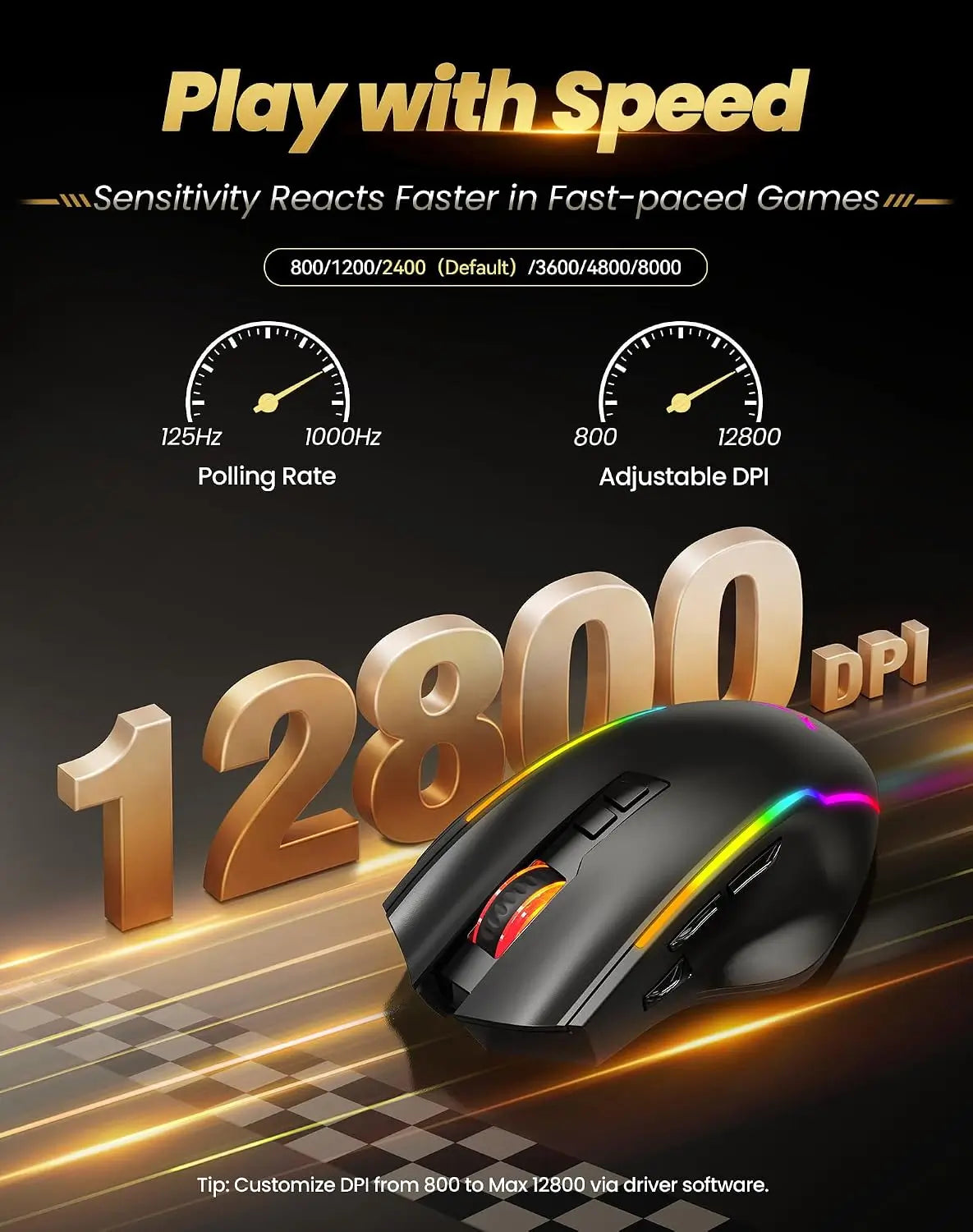TECKNET Wireless Gaming Mouse,2.4GHz/USB-C, 1000Hz, 7 Custom Buttons 13 RGB