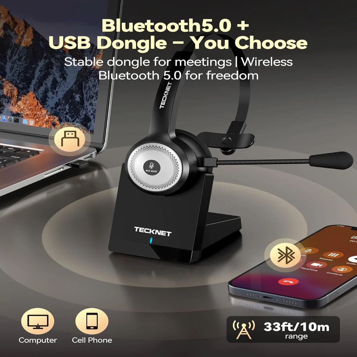 TECKNET Wireless Headset with Charging Base TK-HS003