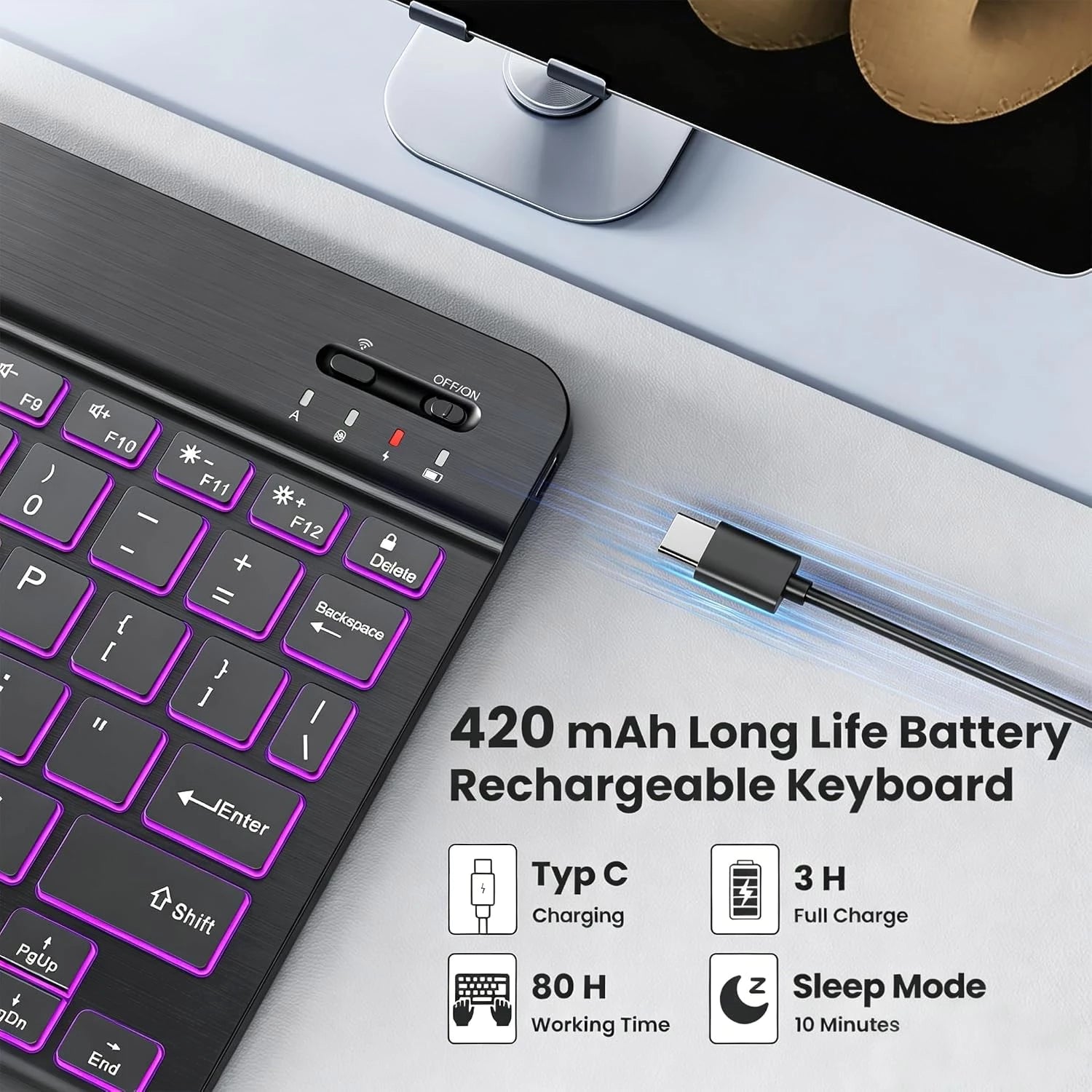 TECKNET Bluetooth Keyboard, Backlit Slim Quiet, Rechargeable for iPad A16 KB043