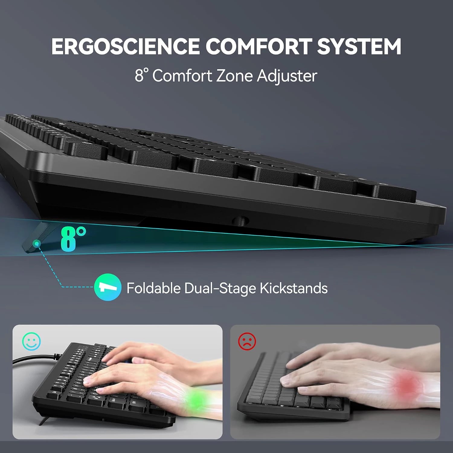 TECKNET KB036 wired keyboard ergonomic comfort system diagram, 8‑degree adjustable foldable dual‑stage kickstands optimizes typing angle, relieves wrist strain for long‑hour office work