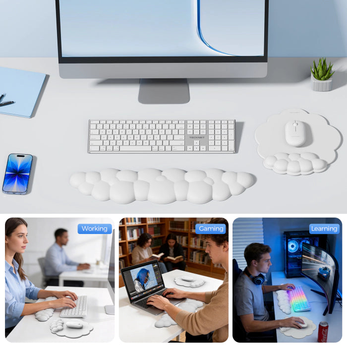 TECKNET Cloud Mouse Pad with Wrist Rest MGM01142, multi‑scene usage for working gaming learning ergonomic cloud wrist rest set for home office desk