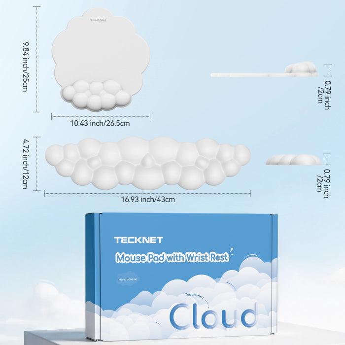 TECKNET Cloud Mouse Pad with Wrist Rest MGM01142, universal optimal size keyboard & mouse wrist rest set with stylish gift packaging dimension display