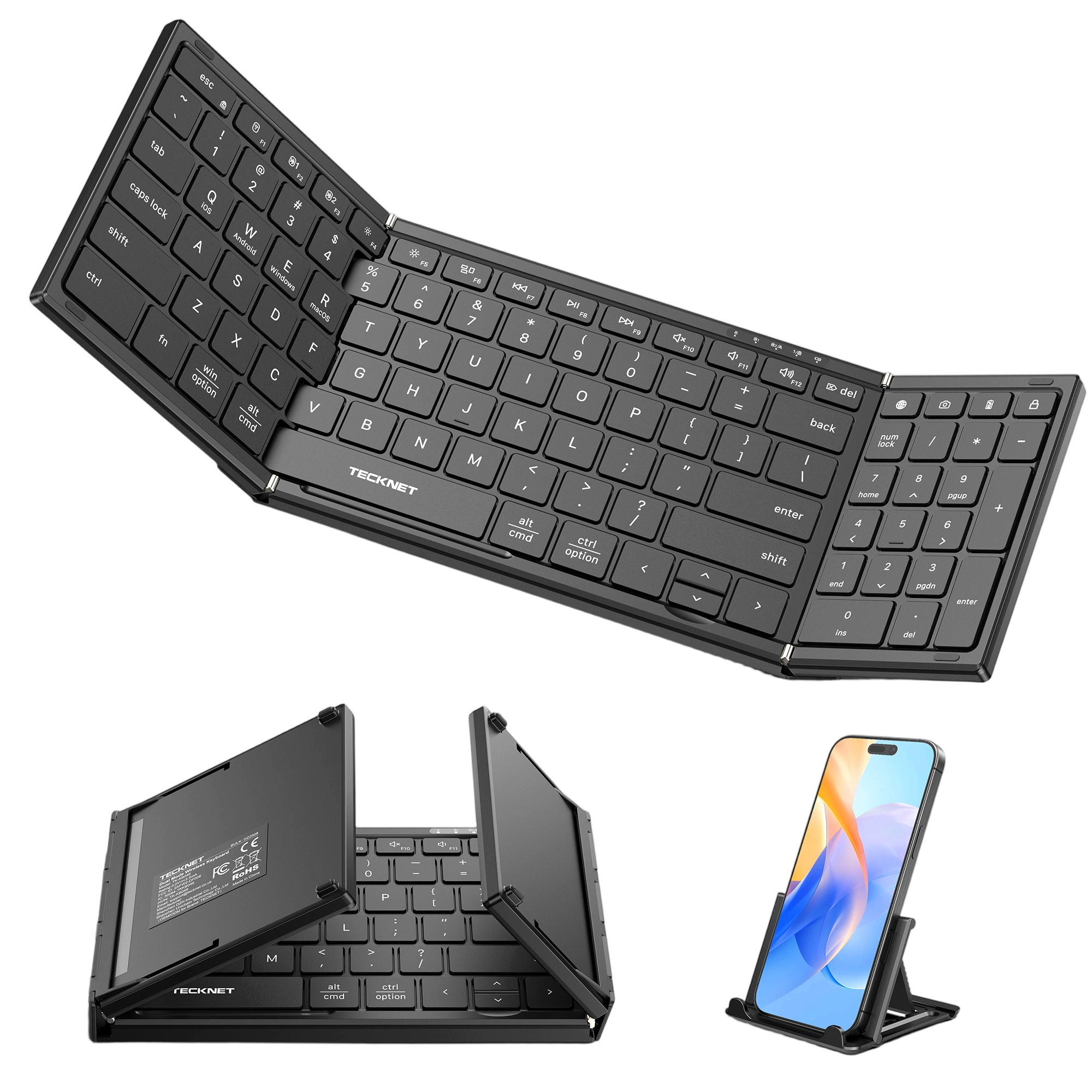 TECKNET Foldable Bluetooth Keyboard and Mouse Combo, Rechargeable Wireless Travel Set for Win/Mac/iOS/Android