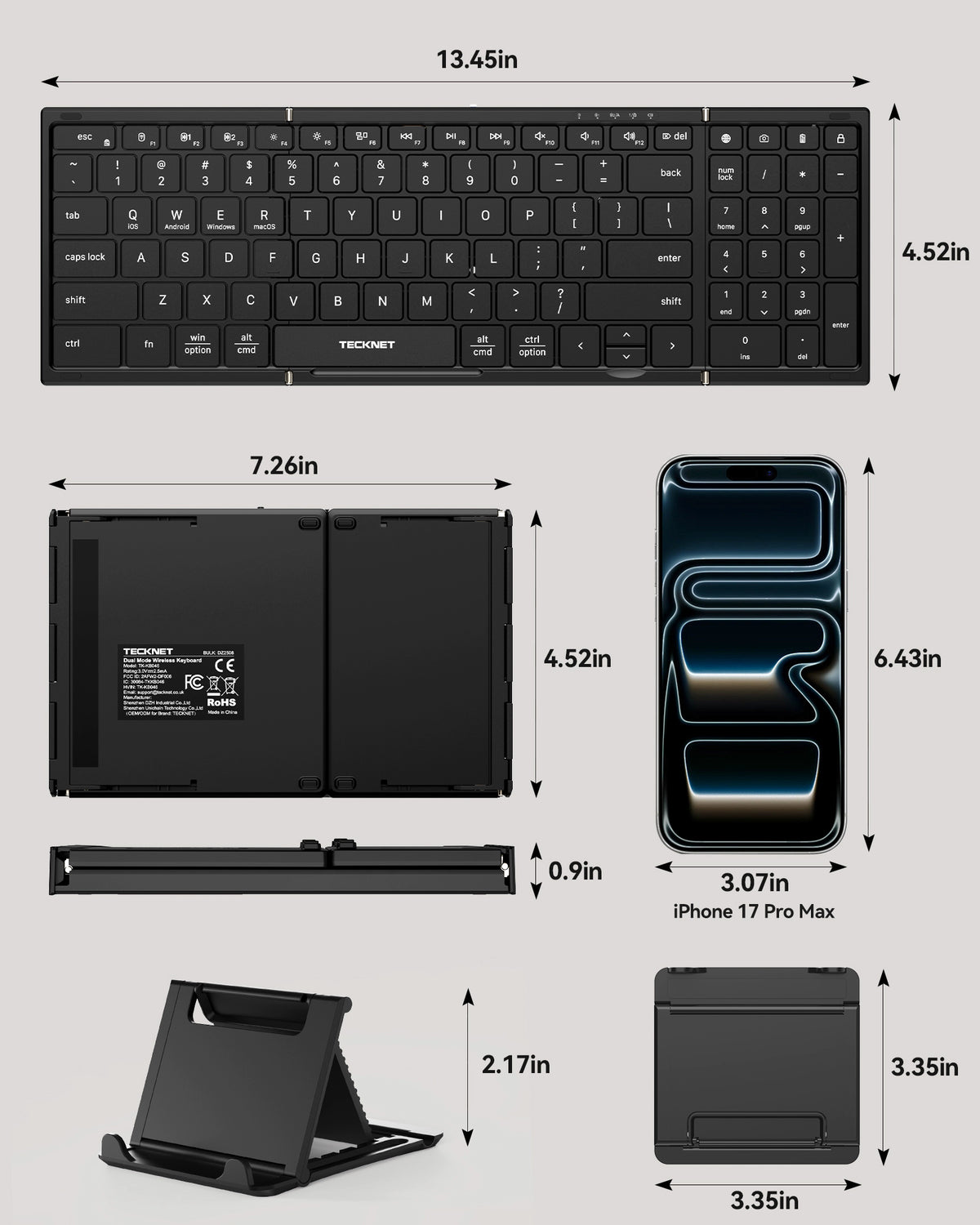 TECKNET Foldable Bluetooth Keyboard and Mouse Combo, Rechargeable Wireless Travel Set for Win/Mac/iOS/Android