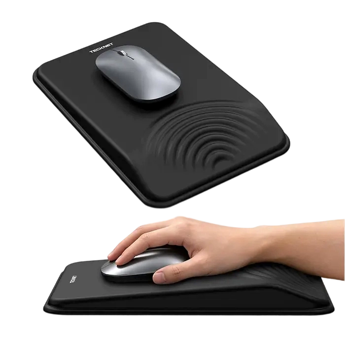 TECKNET MGM01143 ergonomic mouse pad with memory foam wrist rest,19‑degree tilt pressure relief, Lycra smooth surface anti‑slip PU base rectangular office gaming mouse mat