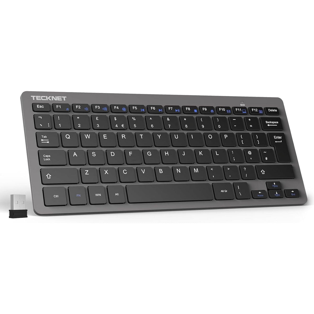 TECKNET BASICS 2.4G Small Wireless Keyboard, Compact Mini Design with Media Hotkeys & 12-Month Battery Life for PC, Desktop, Laptop, Smart TV - Grey