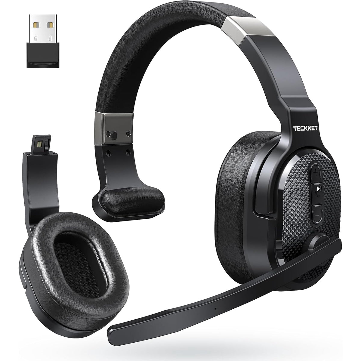 TECKNET BASICS Bluetooth Trucker Headset, Single & Dual Ear Wireless with Mic, Noise Cancelling, 50Hrs Battery, 3 EQ Music Modes, Trucker Bluetooth Headphones for PC, Drivers, Office, Call Center