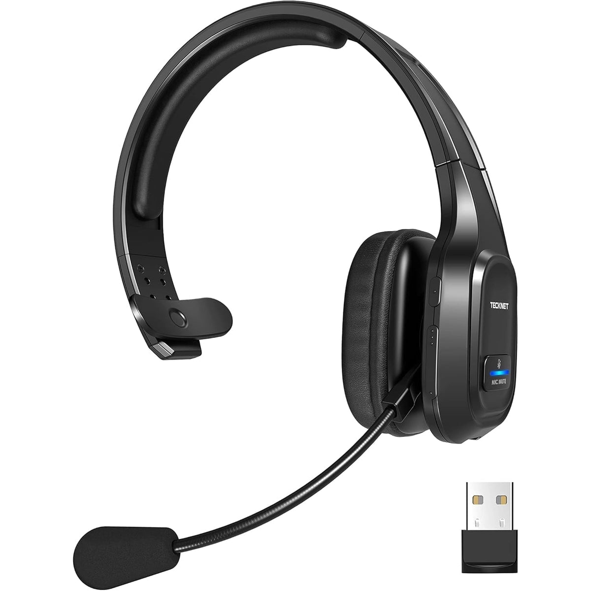 TECKNET BASICS Trucker Bluetooth Headset with AI Noise Canceling Mic, Wireless On-Ear for Phone/PC/Office/Home – Bright Black