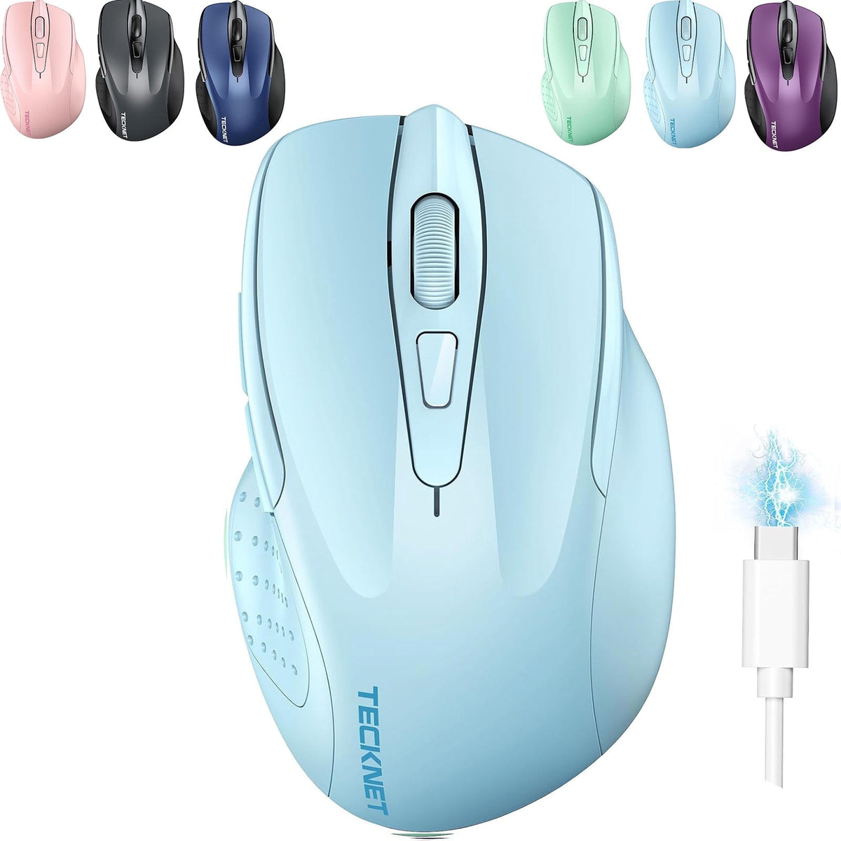 TECKNET Wireless Mouse (BT5.0/3.0 & 2.4G) Rechargeable 4800 DPI Silent USB A & Bluetooth Mouse 6 Buttons, Wide Compatibility - Lightblue