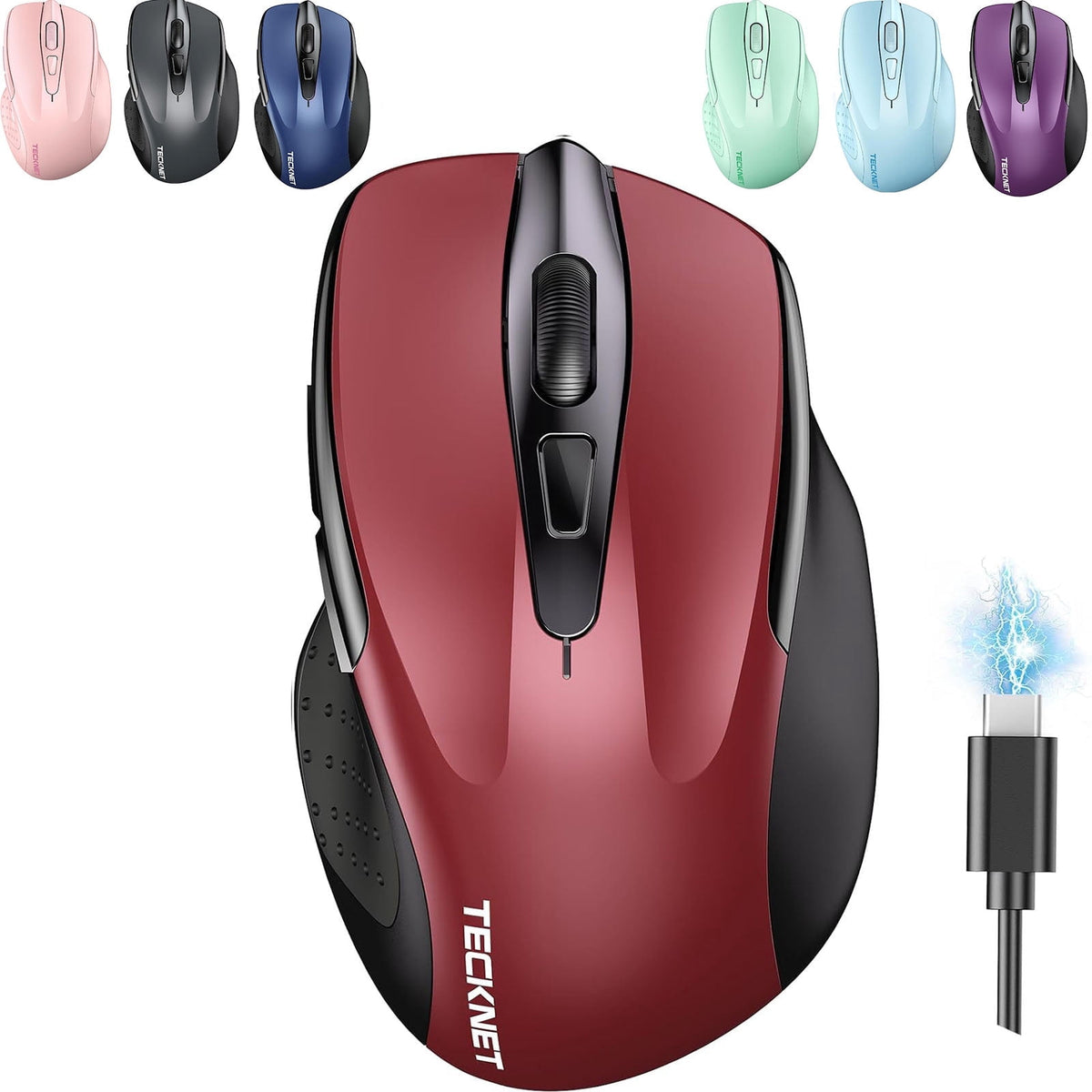 TECKNET Wireless Mouse (BT5.0/3.0 & 2.4G) Rechargeable 4800 DPI Silent USB A & Bluetooth Mouse 6 Buttons, Wide Compatibility - Red