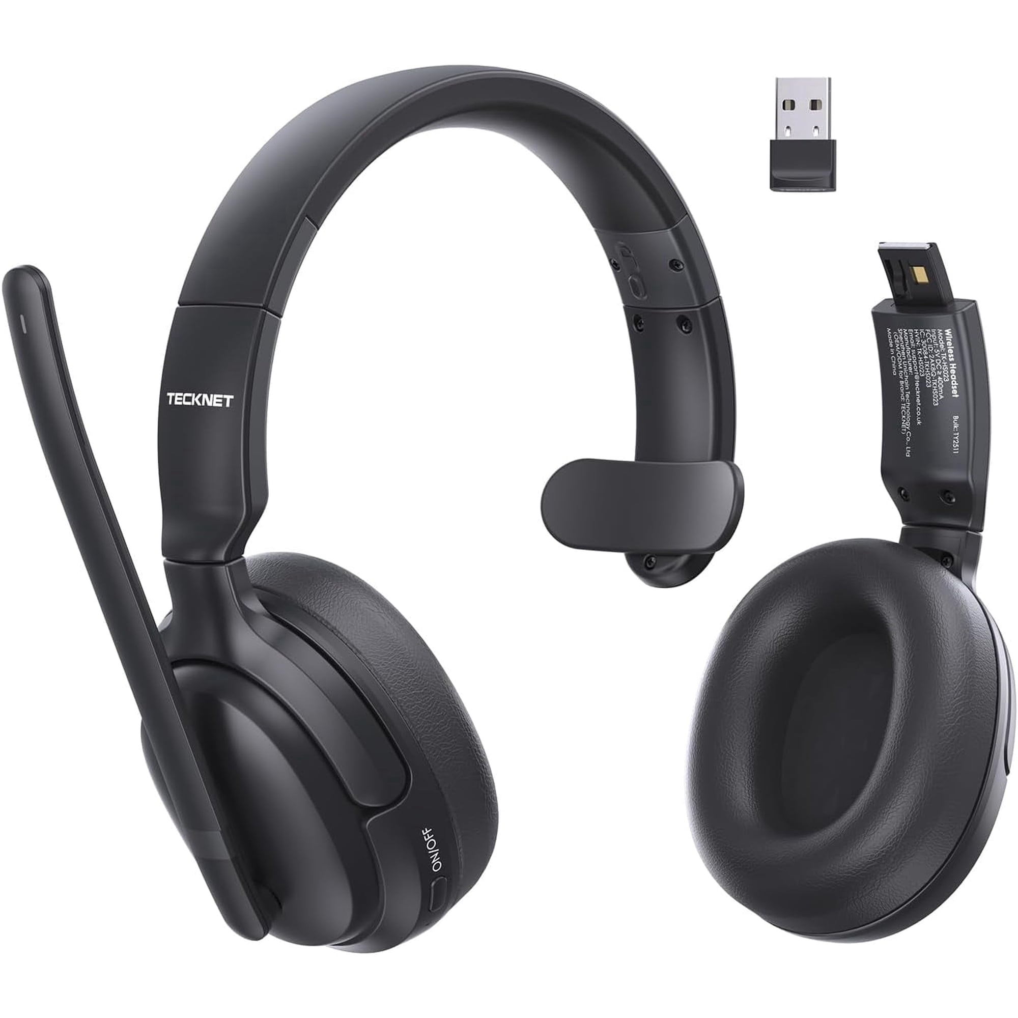 TECKNET Wireless Noise Cancelling Headphones, 5.4 Bluetooth Headphones Over Ear, Mono/Stereo 2-in-1, 65H Playtime, Wireless Headset with Microphone for Home Trucker Office Call Center, Black