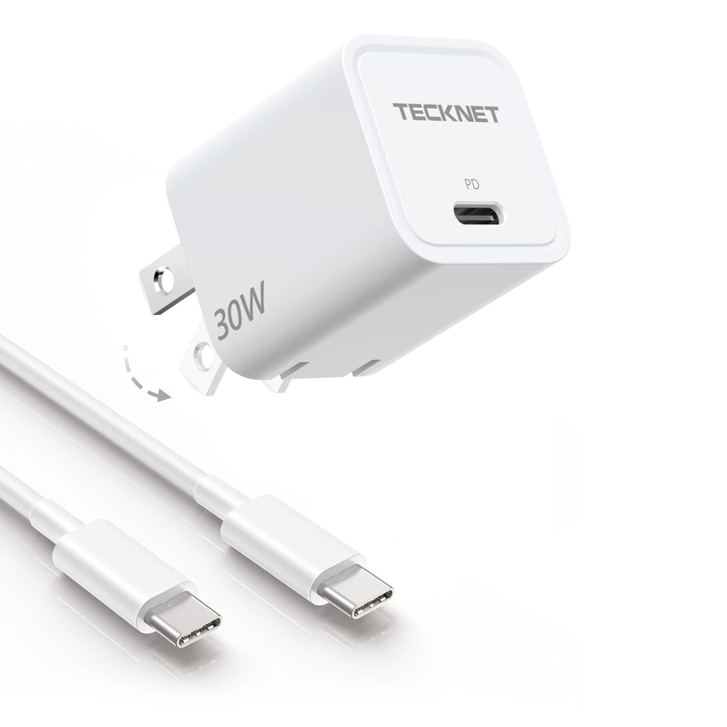 TECKNET 30W Mini USB C Charger with Foldable Plug & 3 ft USB C to C Ca