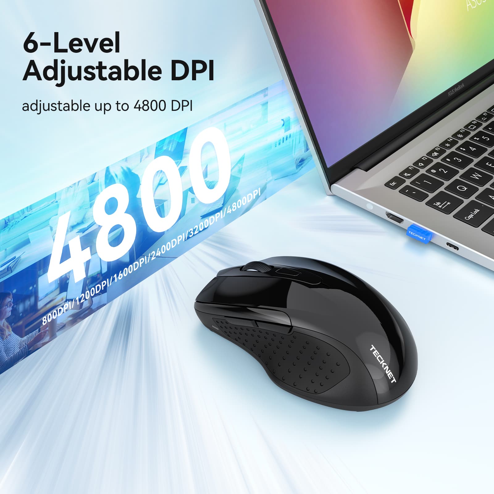 TECKNET Rechargeable Jiggler Wireless Mouse (BT5.0/3.0 & 2.4G) 4800 DPI Silent USB A & Bluetooth Mouse 6 Buttons