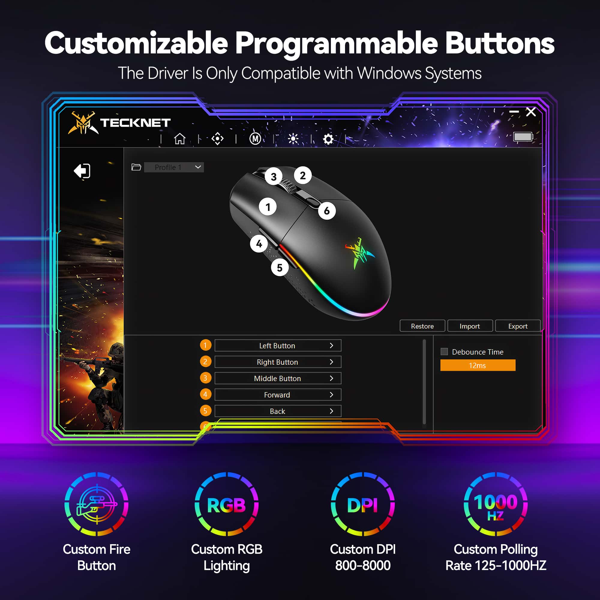 TECKNET Wireless Gaming Mouse with 8000 DPI & 6 Programmable Buttons