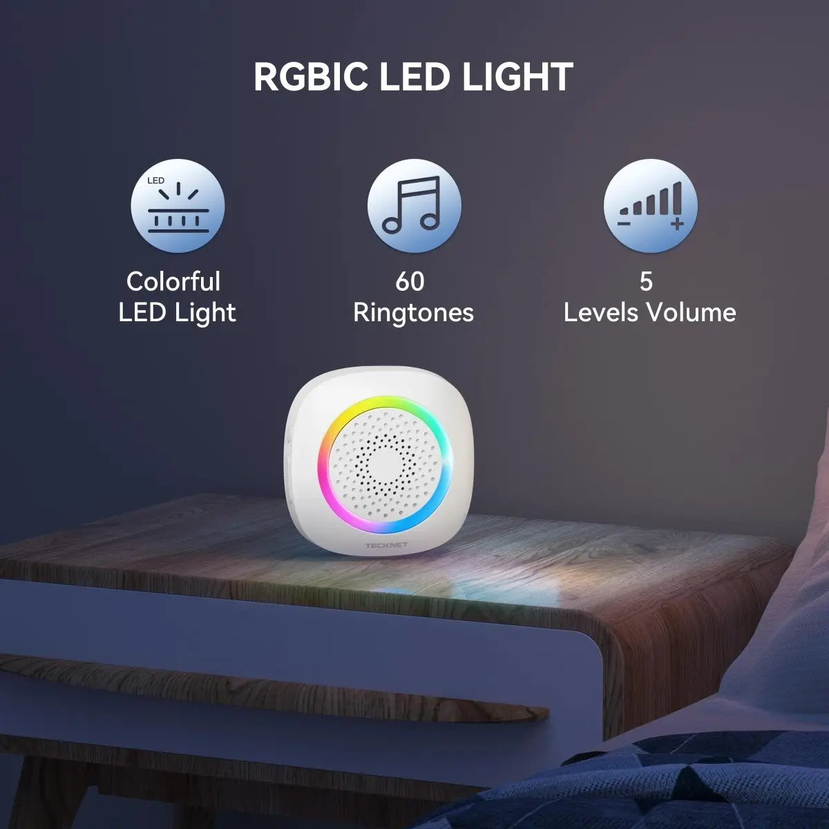 TECKNET Battery Powered Wireless Doorbell With RGB Light