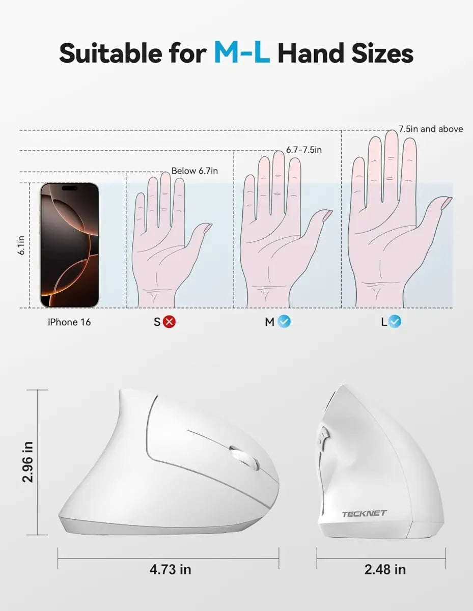 TECKNET Ergonomic Mouse, Rechargeable 2.4G+Bluetooth Vertical Mice 6 DPI Adjustable, Wireless Optical Carpal Tunnel Mouse Right Hand, Multi Device for Laptop, PC, Computer, MacBook, iPad - White