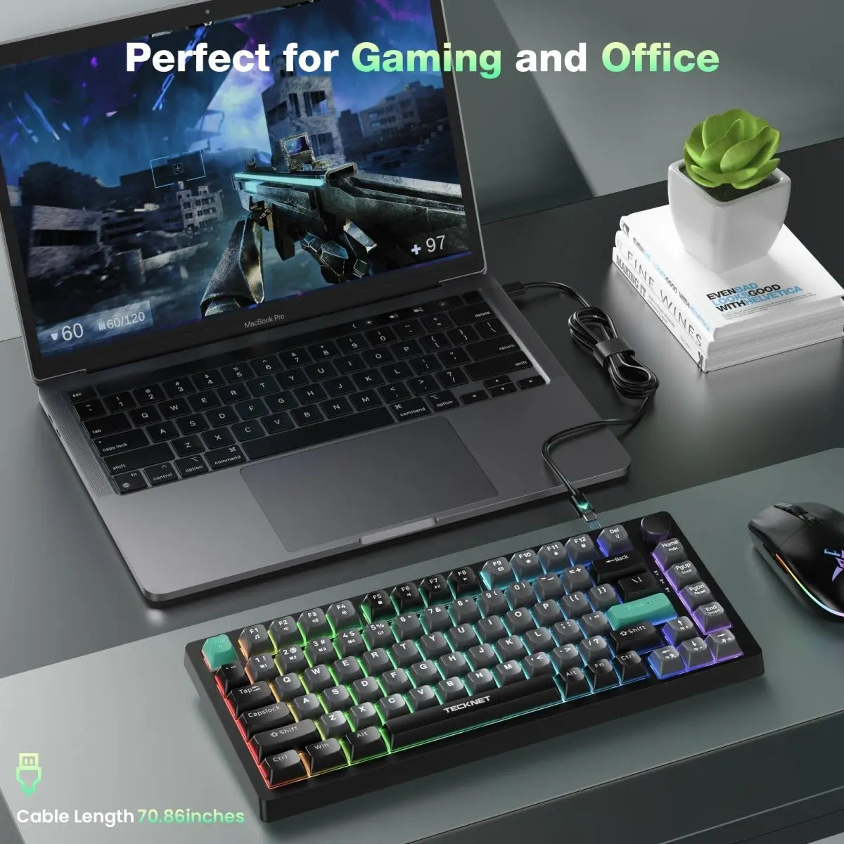 TECKNET RGB Gaming Keyboard,Compact 83 Keys Wired Keyboard with Volumn Knob