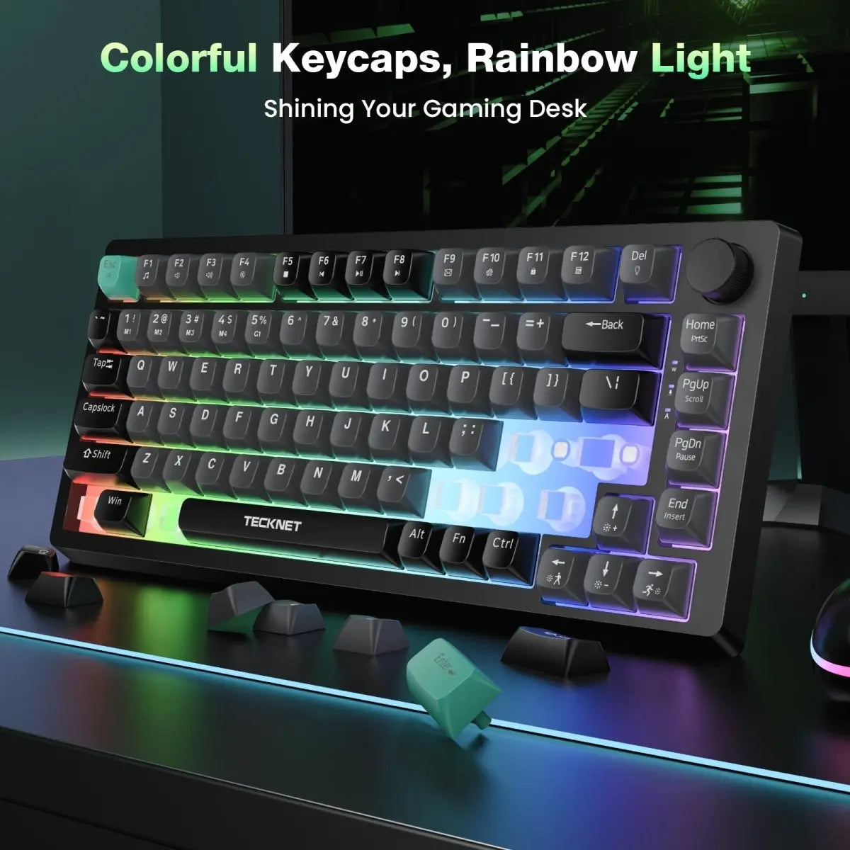 TECKNET RGB Gaming Keyboard,Compact 83 Keys Wired Keyboard with Volumn Knob