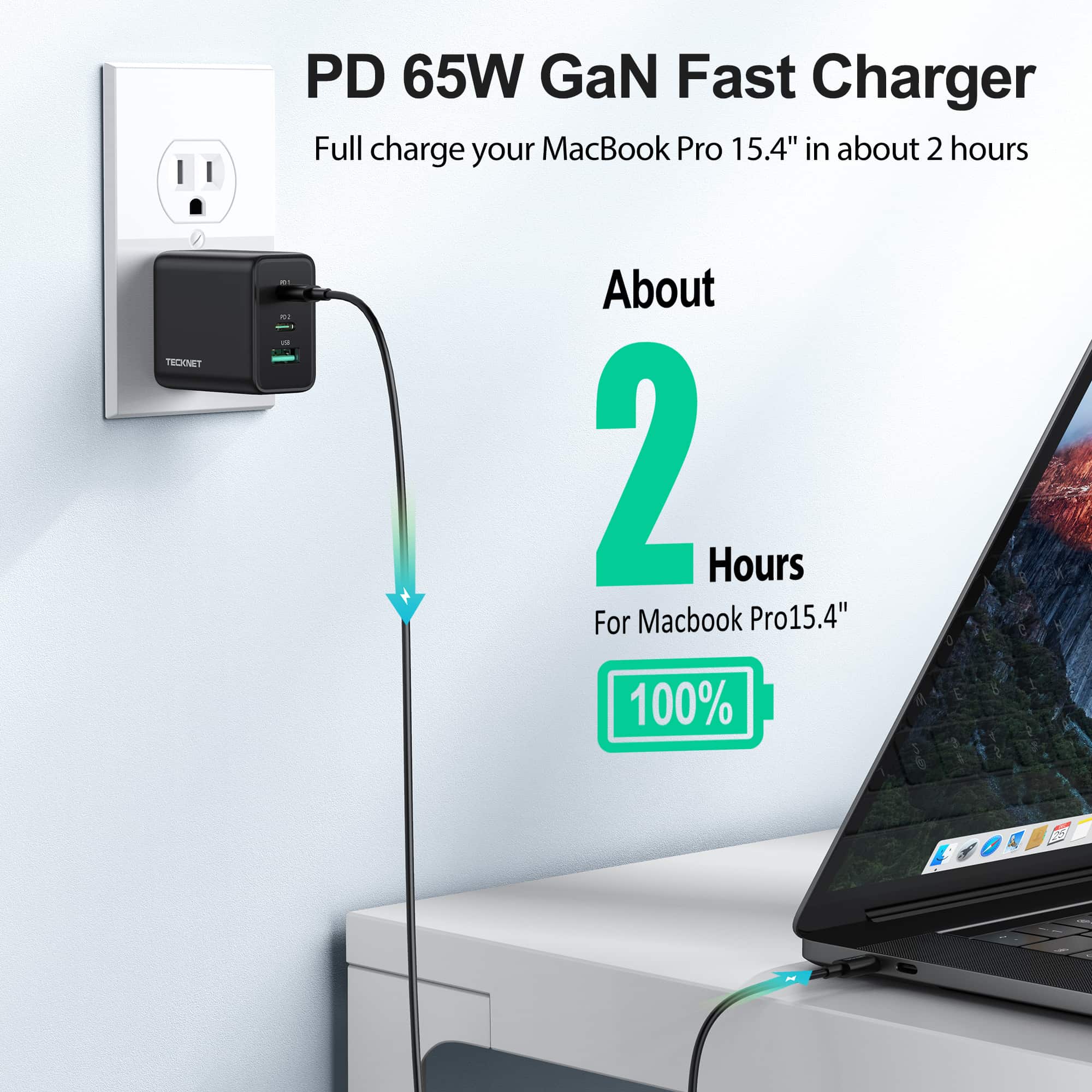 TECKNET 65W 3-Port USB C GaN Fast Charger