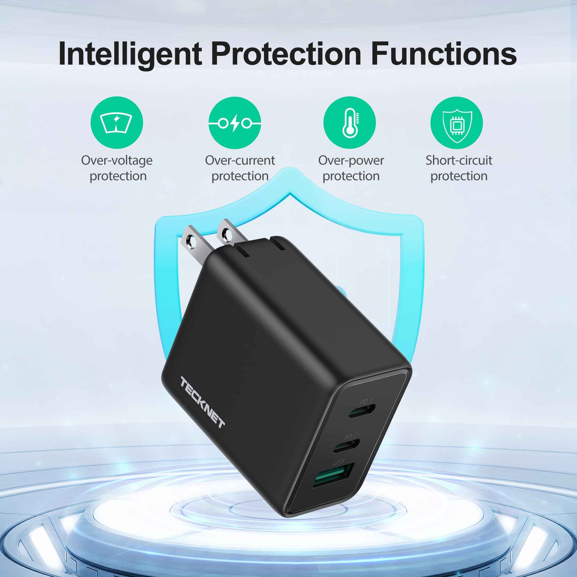 TECKNET 65W 3-Port USB C GaN Fast Charger
