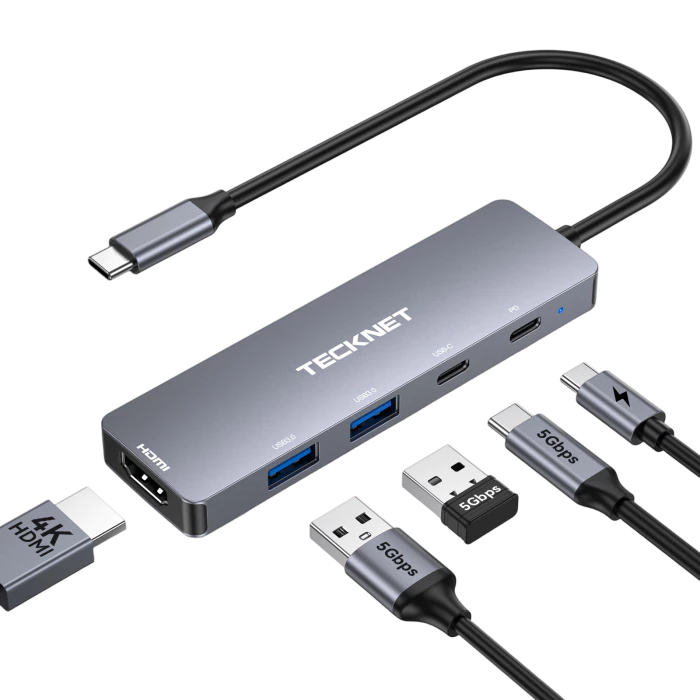 TeckNet USB hub with multiple ports and cables on a white background