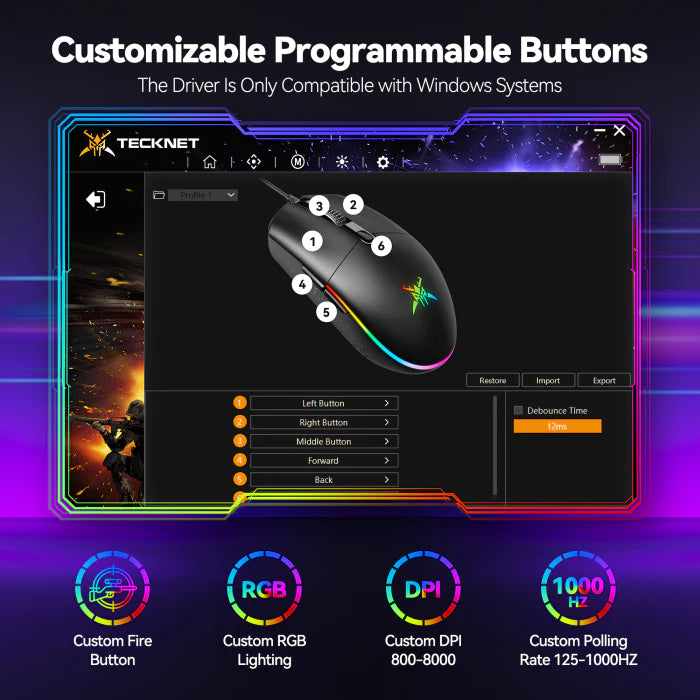 TECKNET Wired Gaming Mouse - Ergonomic Wired Mouse with 8000 DPI, 6 Programmable Buttons, RGB Backlighting, 1000Hz Polling Rate, Gaming Mice for Laptop/PC