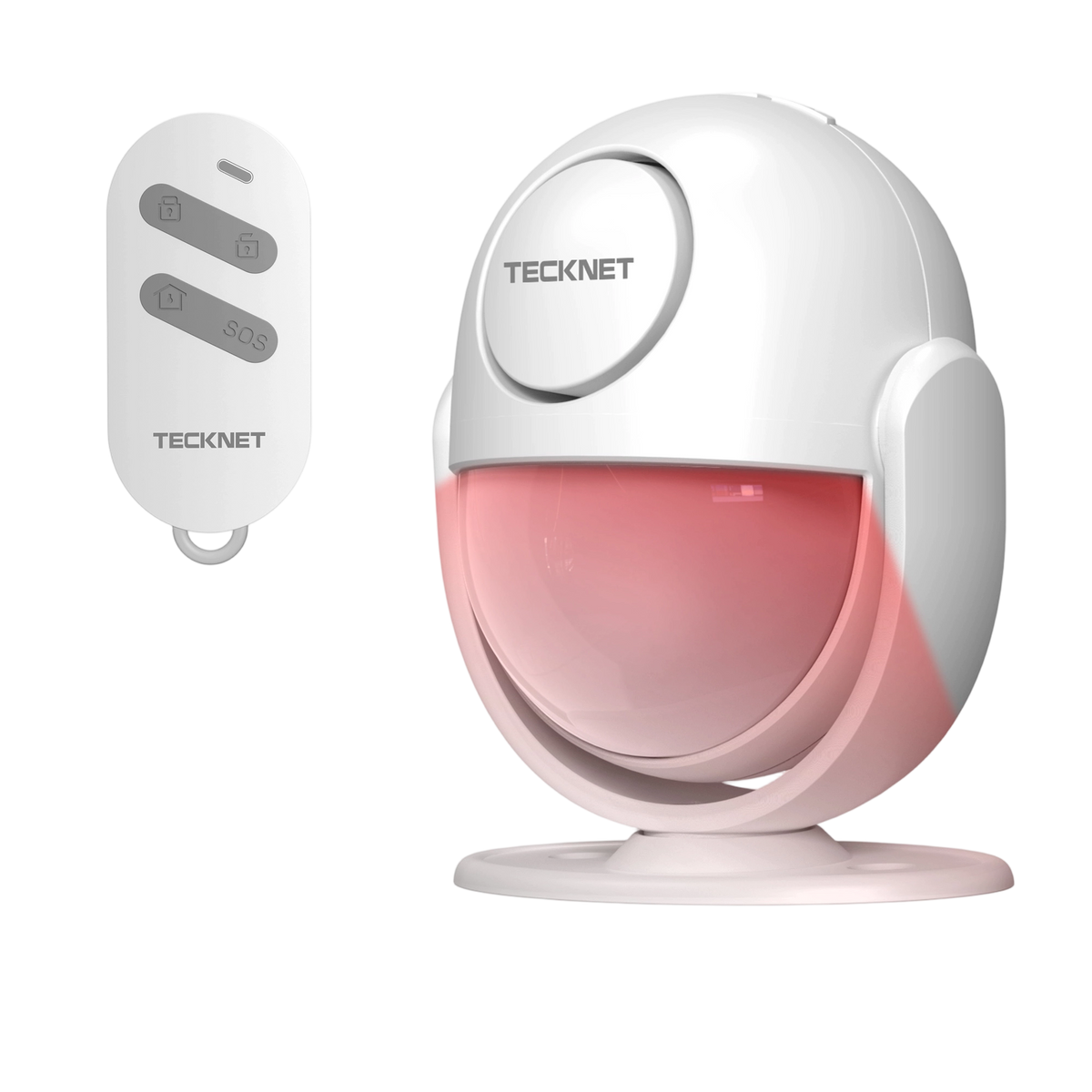 .Tecknet security system with a white sensor and remote control on a white background