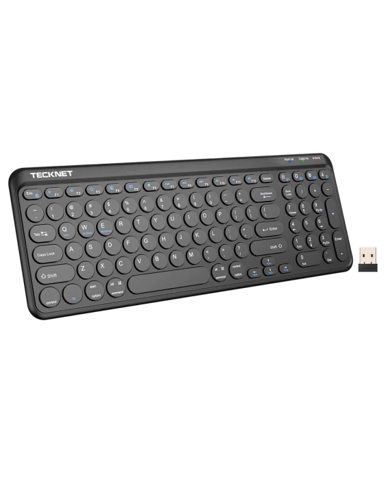 Black Tecknet keyboard with USB receiver on a white background