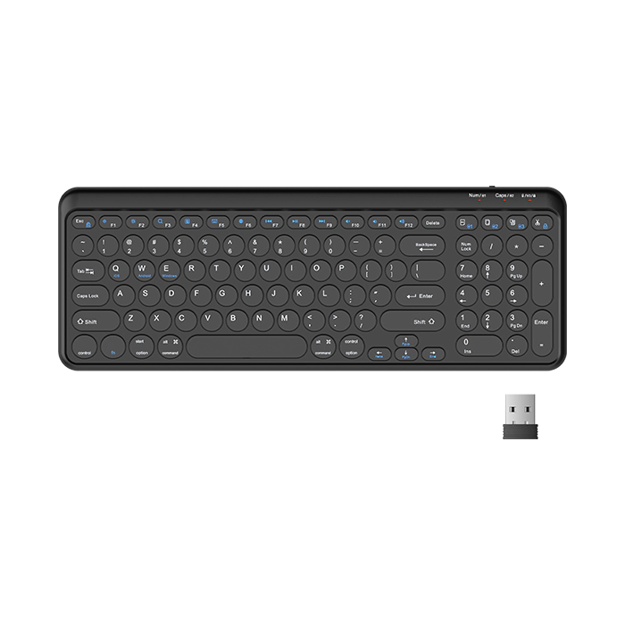 A black wireless computer keyboard with a small USB receiver in the bottom right corner, shown on a solid white background.