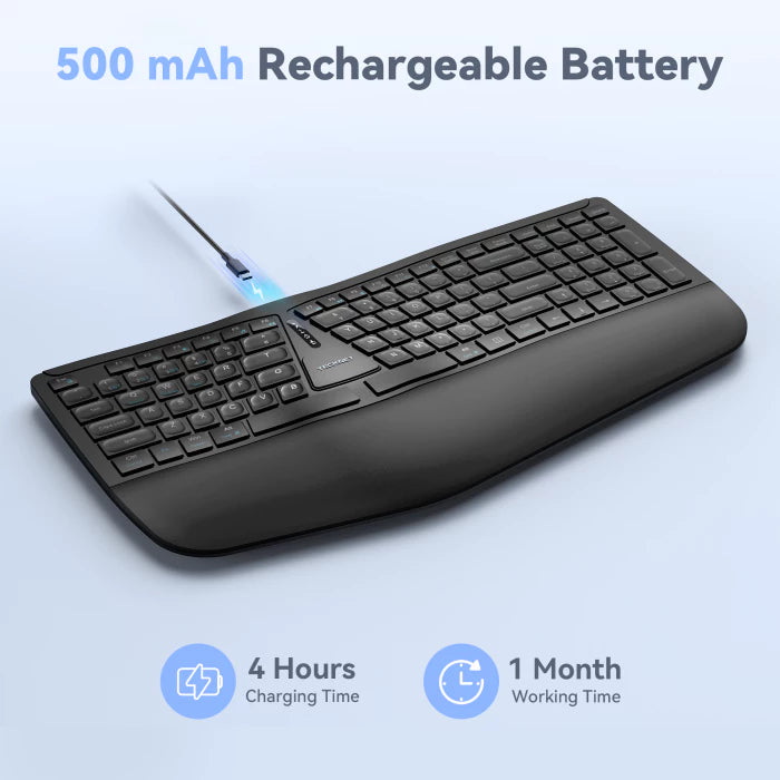 Black keyboard with rechargeable battery feature on a light blue background
