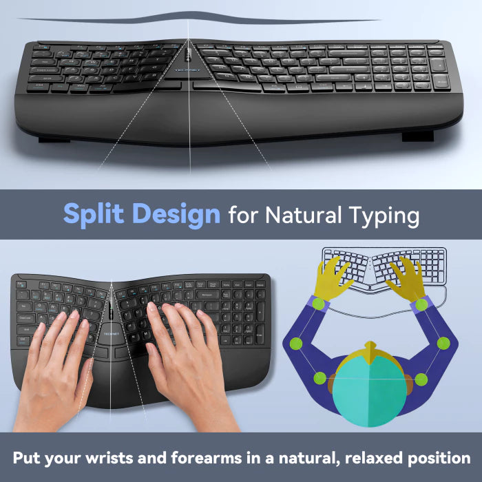 Ergonomic keyboard with split design for natural typing on a light blue background