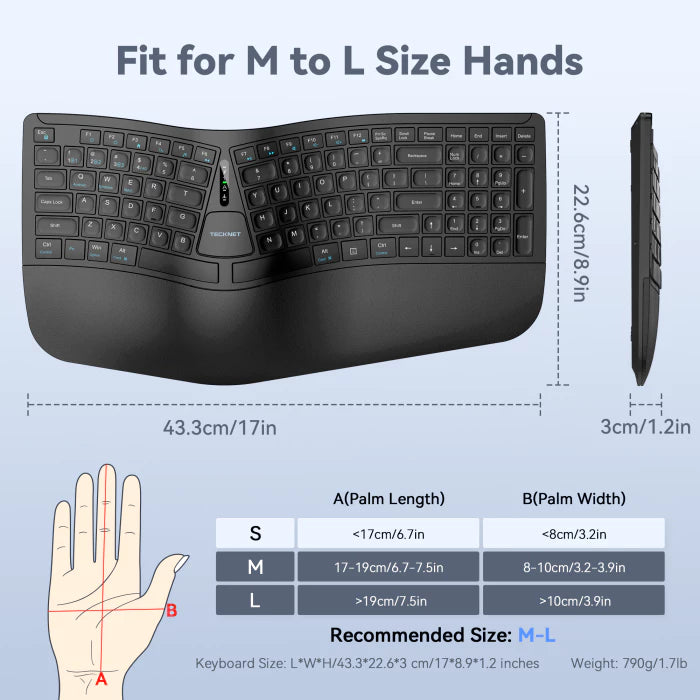 Ergonomic keyboard with size chart for M to L hands on a light blue background