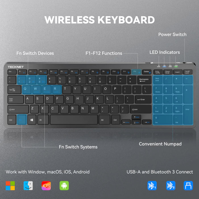 TeckNet Slim Wireless Bluetooth Keyboard, Numeric Pad, TK-KB041
