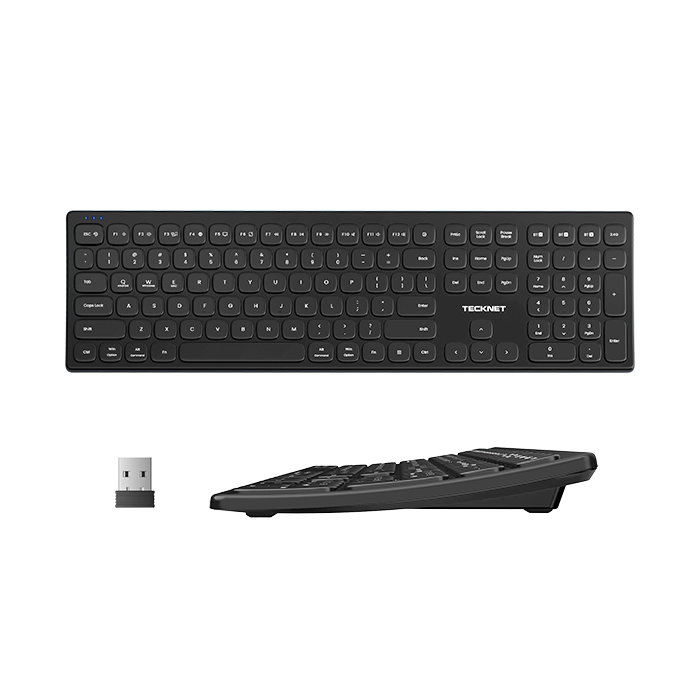 A black wireless keyboard with a small USB receiver, shown from the front and side angles on a plain white background. The brand name 'TECKNET' is visible on the keyboard.