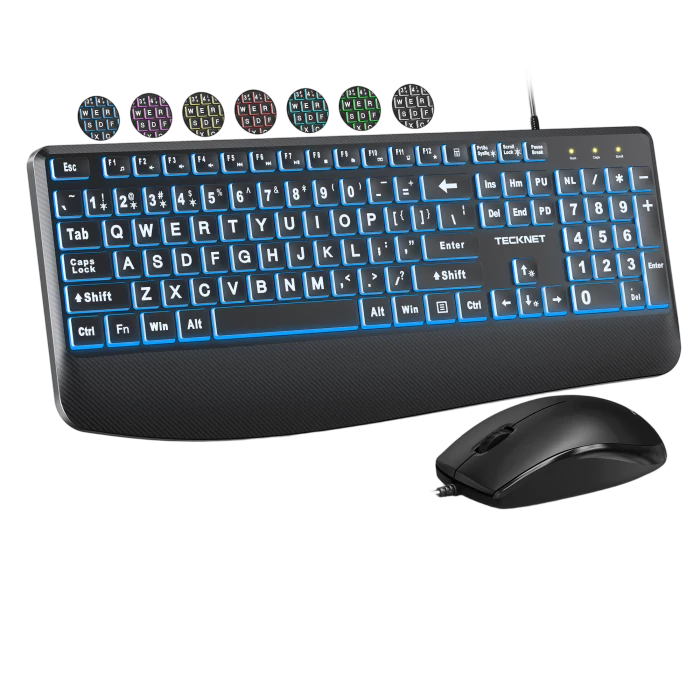 TECKNET wired keyboard and mouse combo with 7‑color backlit large print,TK-KM079
