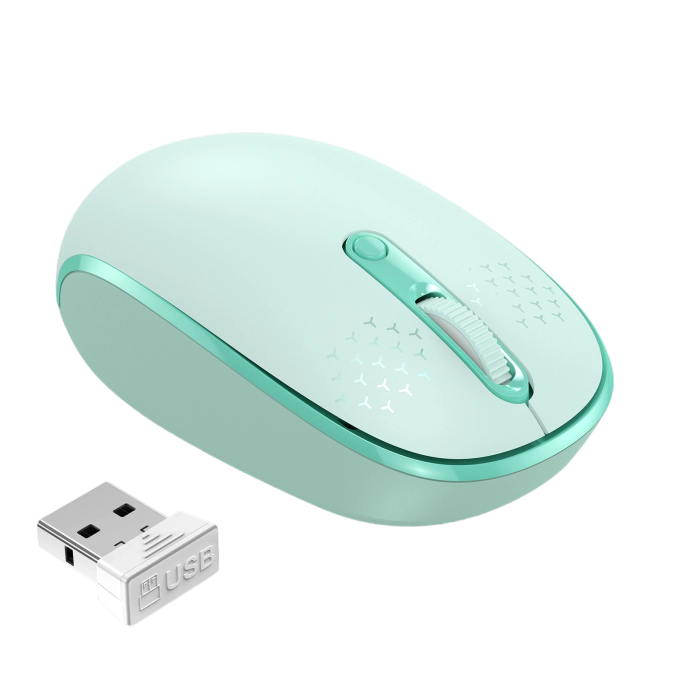 A mint green wireless computer mouse with a matching scroll wheel and a small USB receiver, shown on a clean white background.